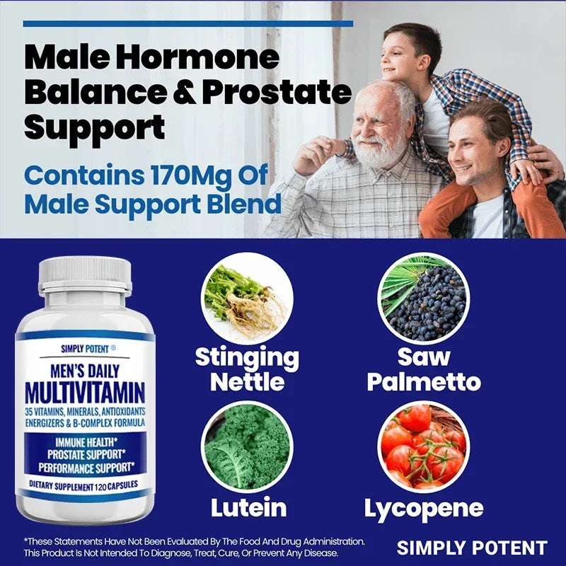 Daily Multivitamin for Men, for Prostate Energy Concentration Metabolism Immunity Vitamins: A C D E (B1 B2 B3 B5 B6 B7 B9 B12)