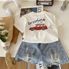 Child Short Sleeve Bottoming Shirt Cartoon Car Print Tops Solid Color Fashion Casual Wear 0-6Age Boys Summer Trendy Clothing
