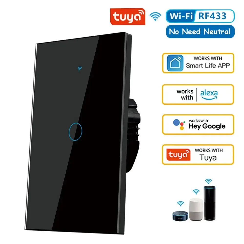 WiFi RF433 smart wall touch switch, glossy black panel with three round touch buttons