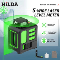 HILDA Laser Level 2 lines/5 Lines 360 Automatic Leveling Level Construction Tool Equipment Green Light Cross Laser Good Gift