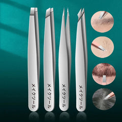 4pcs Premium Stainless Steel Tweezers Set - Expertly Remove Unwanted Hair, Splinters, and Ingrown Hairs,