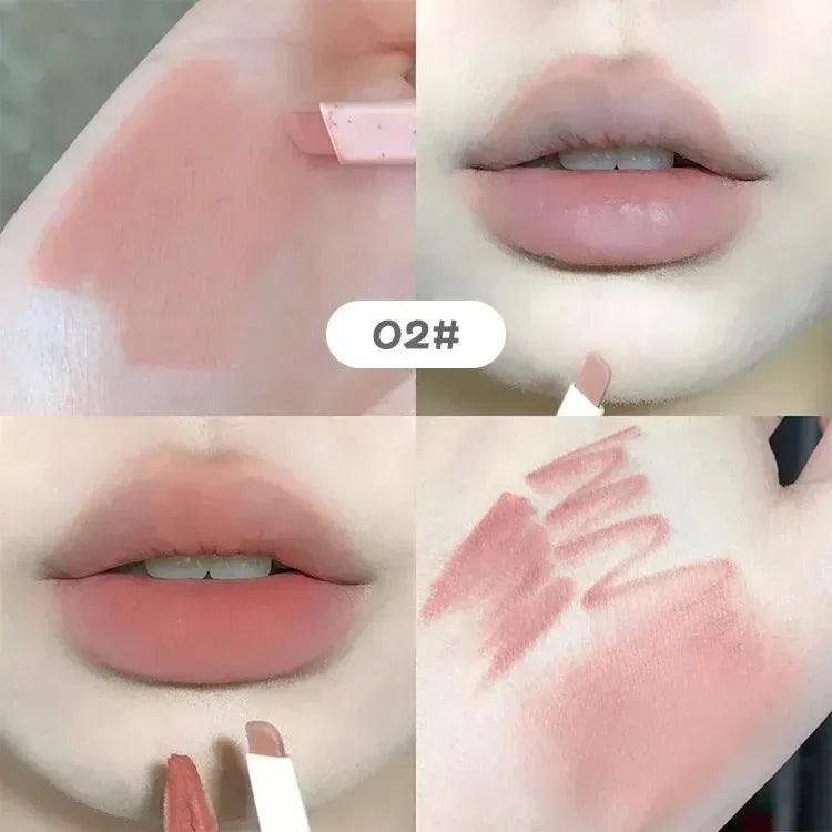 Matte velvet lip liner swatch 02, dusty rose shade on lips and skin