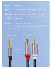 كابل صوت Aux من Rocoren مقاس 3.5 مم إلى 2RCA، محول مقسم من مقبس 3.5 مم إلى 2 RCA ذكر لصندوق التلفزيون ومكبر الصوت والفيديو وكابل سلك مكبر الصوت