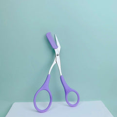 Pink eyebrow trimming scissors with built-in comb - stainless steel, precise grooming tool, creating perfect eyebrows