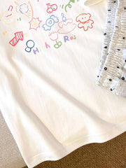 Retro Japanese Cartoon Print Pure Cotton ort Sve Women's T-irt Summer Design Loose Student Top Korean Sle round Ne