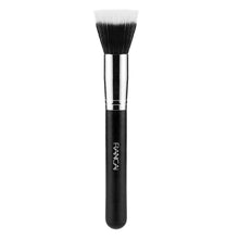 Powder brush with black handle, silver ferrule, white bristles, rounded tip