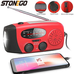 STONEGO راديو FM متعدد الوظائف في الهواء الطلق للطوارئ مولد يدوي يعمل بالطاقة الشمسية لشحن الهاتف المحمول ومصباح طاولة للإضاءة