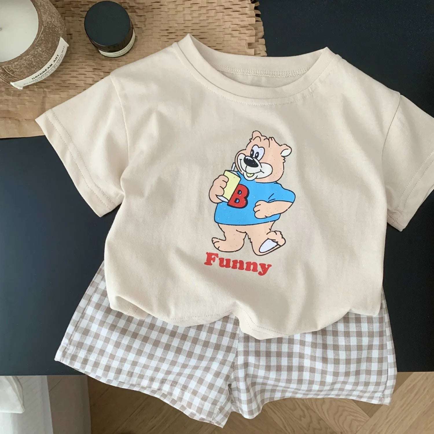 Cartoon Pattern Children Short Sleeved Suit T-shirt Outfits Summer Clothing Loose Fashion Casual Two Piece Set Plaid Shorts Set