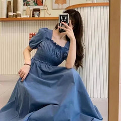 فستان نسائي صيفي من Faion بياقة مربعة من Sweet Retro Dr Tea Break First Love Long Bla Dr Waist Cinched