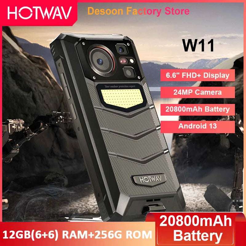 HOTWAV W11 Rugged Phone 6.6'' FHD+12GB+256GB 20800mAh Battery smartphone 64MP Camera Android 13 NFC Mobile Phone