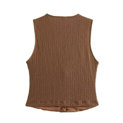 EDSA Women 2 Pcs Set V-Neck Single Breasted Solid Texture Casual Vest Top+High-Waisted Drawstring Wide Leg Pants