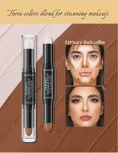 Dual-ended concealer sticks with beige and darker tips in clear packaging