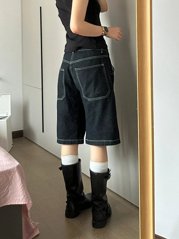 High Waist Wide Leg Denim orts Women's Summer New Casual Loose Slimming Five-Quarter Straight Cut Trendy Jeans Pants