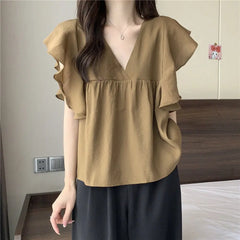Ele Summer New Sle Women's irt Beautiful Soft Korean Sweet Fly Sve V-ne Top Polyester Fiber Casual Faion