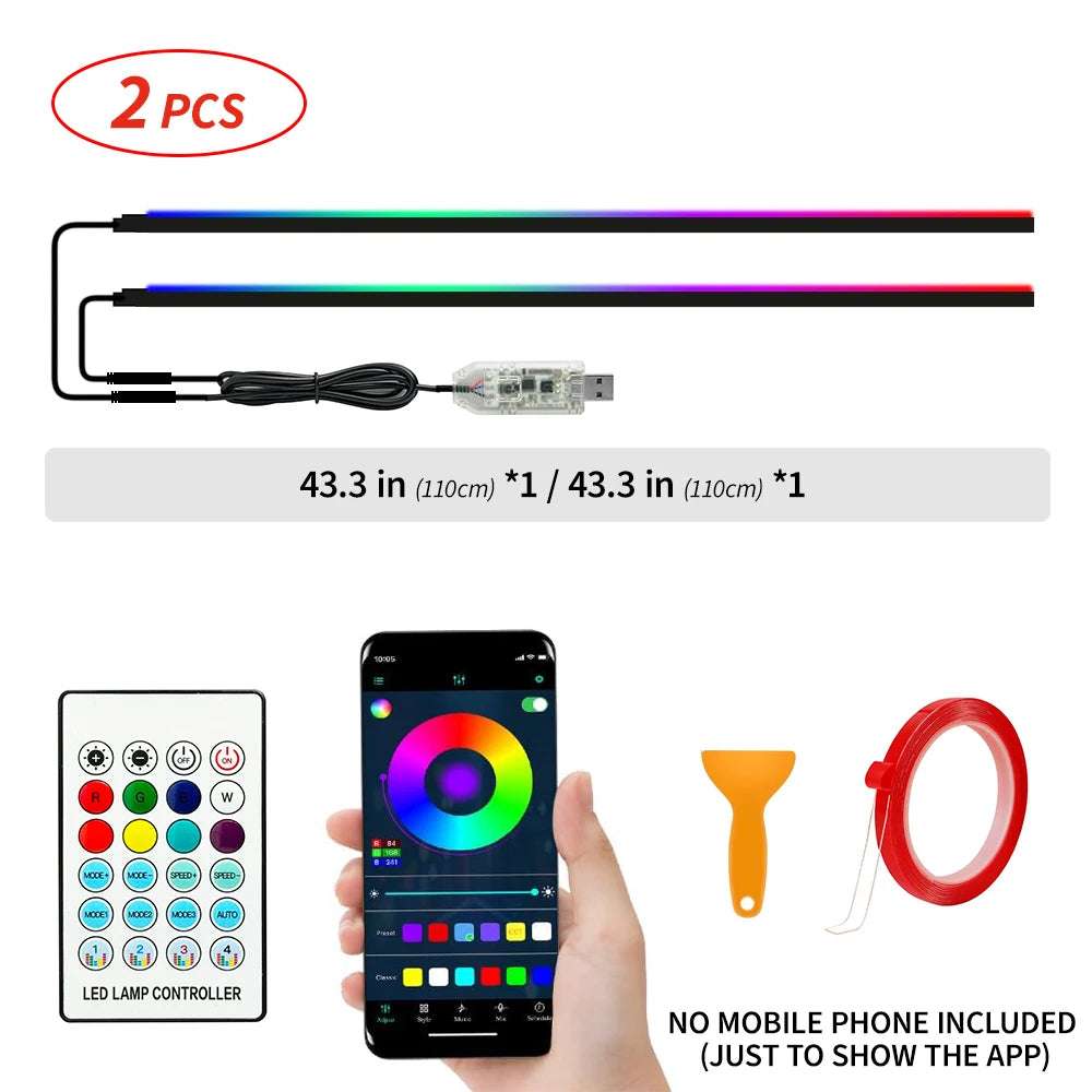 Car LED Ambient Light 64 Color Acrylic Strips 110cm Full Colors RGB Car Interior Hidden App Remote Control Atmosphere Lamp