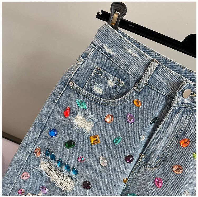 High Waist Loose Fit  Diamond Embellied Denim Five-Point Pants Summer New Sle Women's Trendy Hole Punch Jeans