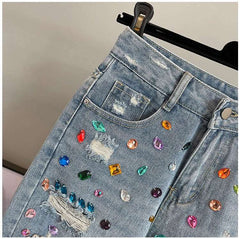 High Waist Loose Fit  Diamond Embellied Denim Five-Point Pants Summer New Sle Women's Trendy Hole Punch Jeans