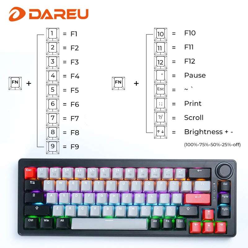 DAREU 2.4G Wireless Mechanical Gaming Keyboard 4000mAh Red Switch All Key Non-conflict Rainbow Lighting with Multifunction Knob