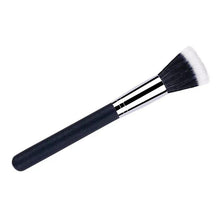 Powder brush with dark handle, silver striped ferrule, white bristles