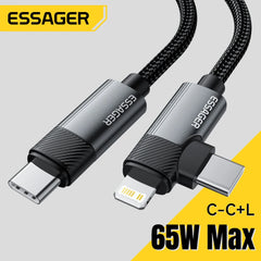 Essager PD 65W Max 2 in 1 Type C to Type C and Lightning For Samsung Xiaomi IPhone 14 13 12 11 Pro Max Xs Plus Data Cable