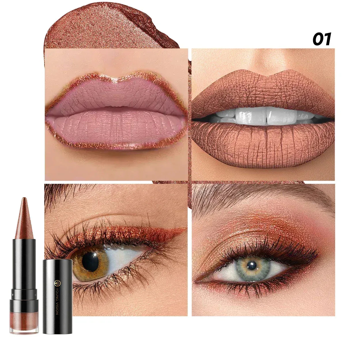 Rose gold matte pearl glitter lipstick swatch on lips and eyes with two tubes pictured.