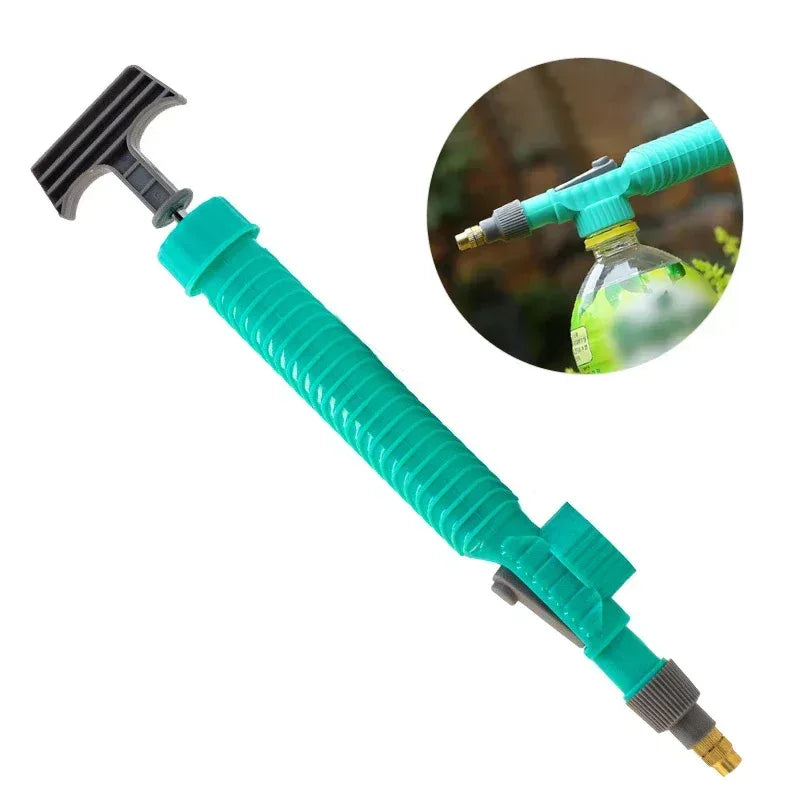 Adjustable bottle sprayer nozzle in teal with ribbed tube and brass spray tip