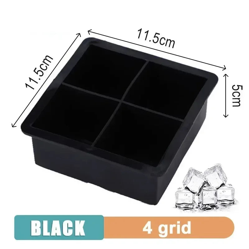 Black silicone ice cube tray mold, 4 grid sections with rectangular cavity layout