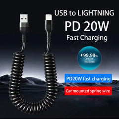 Car USB Type C/Type C to Type C/USB LIGHTNING Fast Charging Spring Telescopic Cable For iPhone 16 15 14 Samsung Xiaomi OnePlus