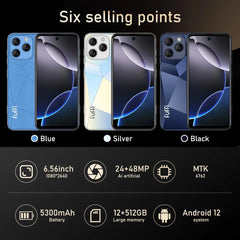 Global Vision I16 Pro Smartphone 5G Android 5300mAH 12GB RAM 512G ROM 6.56Inch 1080x2640HD 24+48MP MTK10 4G Network Mobile Phone