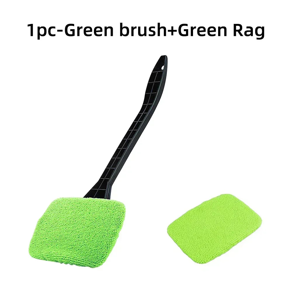 Green microfiber brush with matching green rag pads for car glass cleaning