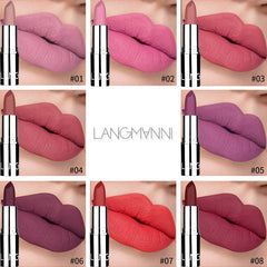 أحمر شفاه Langmani Silver Tube Matte Lipstick Non Staying Cup Makeup أحمر شفاه متوفر بـ 8 ألوان