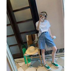 High Waist Wide Leg Jeans orts plus Size Loose Slimming Design Thin Five-Quarter Mid-Pants for plus Size Women Summer