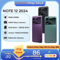 New HOTWAV Note 12 2024 Smartphone Android 14.0 5160MAH Cellphones 6+128GB 48MP+16MP+0.08MP Camera 6.8" HD Global Mobile Phone
