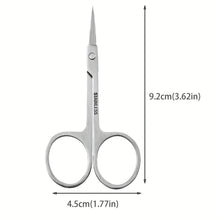 Small stainless steel curved scissors, round finger loops, pointed tip.