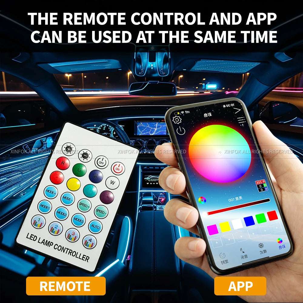 Car LED Ambient Light 64 Color Acrylic Strips 110cm Full Colors RGB Car Interior Hidden App Remote Control Atmosphere Lamp