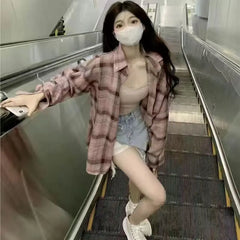 2024 New Blue Plaid irt Jaet Women's Loose Casual Meat Covering Middle Length irt Outerwear Trendy Forest System