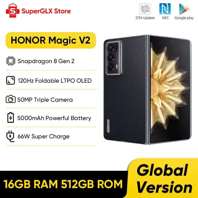 Global Version Honor Magic V2 5G Foldable LTPO OLED 120Hz Display 7.92" 50MP Rear Cameras Snapdragon 8 Gen 2 5000mAh 66W NFC