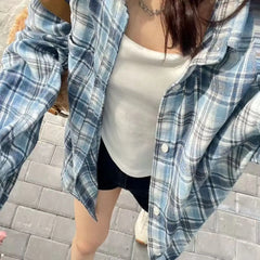 2024 New Blue Plaid irt Jaet Women's Loose Casual Meat Covering Middle Length irt Outerwear Trendy Forest System