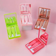 Multiple mini makeup brush sets in different colored cases, some open