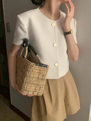Chic Korean Sle round Ne Metal Single Button Loose ort Sve Outerwear for Women Summer Faion Commute Pure Color