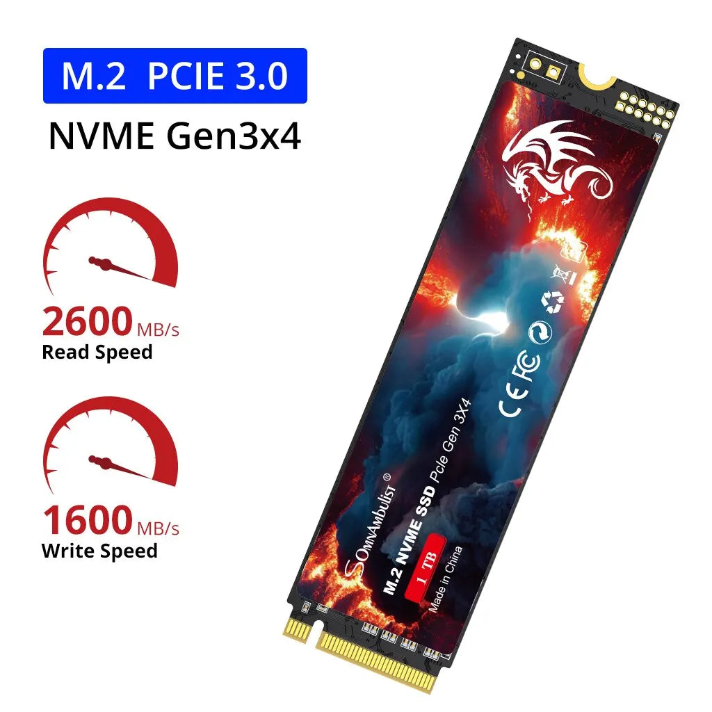 SomnAmbulist SSD M2 NVME 128GB 256GB 512GB 1TB SSD M.2 2280 PCIe 3.0 محرك أقراص ذو حالة ثابتة داخلي لأجهزة الكمبيوتر المحمولة وسطح المكتب ووحدة التحكم في الألعاب