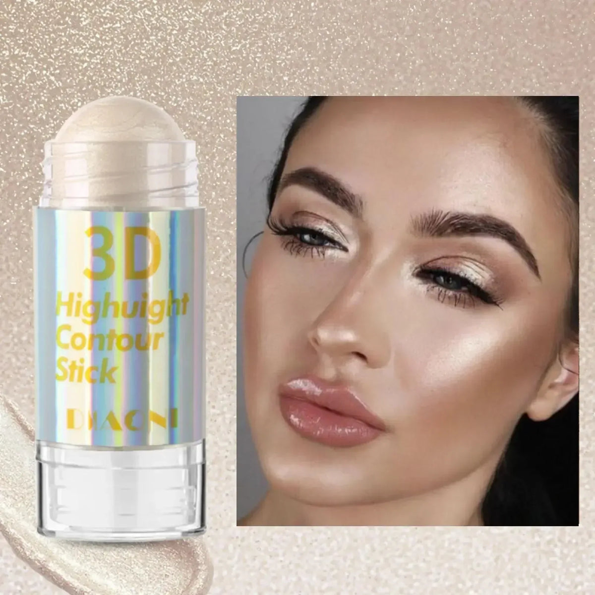 Highlighter contour stick in a clear tube with white cap and 3D label