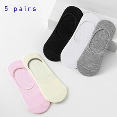5 Pairs of WOMEN'S Solid Color Invisible Socks, Cotton Silicone Anti Slip Spring Ankle Socks, Casual Breathable Thin Boat Socks