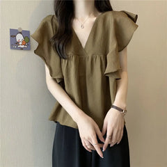 Ele Summer New Sle Women's irt Beautiful Soft Korean Sweet Fly Sve V-ne Top Polyester Fiber Casual Faion