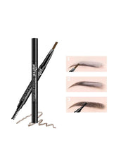 Eyebrow pencil and eyeliner pencil with swatch-style brow strokes.