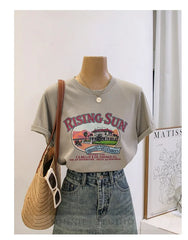 Anti-Aging Cartoon Print ort Sve Women's T-irt Loose Fit Summer Casual round Ne oulder Appropriate Outerwear