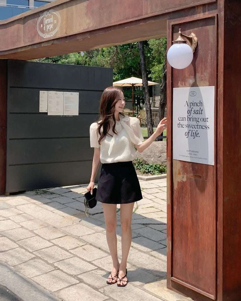 Faionable  Knot ort Sve See-tough Chiffon Top with Tie Ne Design Sweet Loose Fit Polyester Summer irt