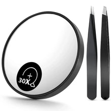 Compact magnifying mirror with suction cup and tweezers, black