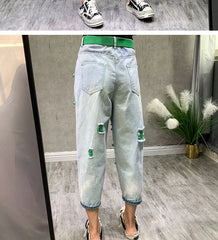 High Waist Skinny Jeans Women's Thin Denim Pants Bell Bot Casual Loose Fit Nine-Tenths Length Hole Design Harlan Sle