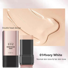Ivory foundation stick with double-ended tip and light face swatch